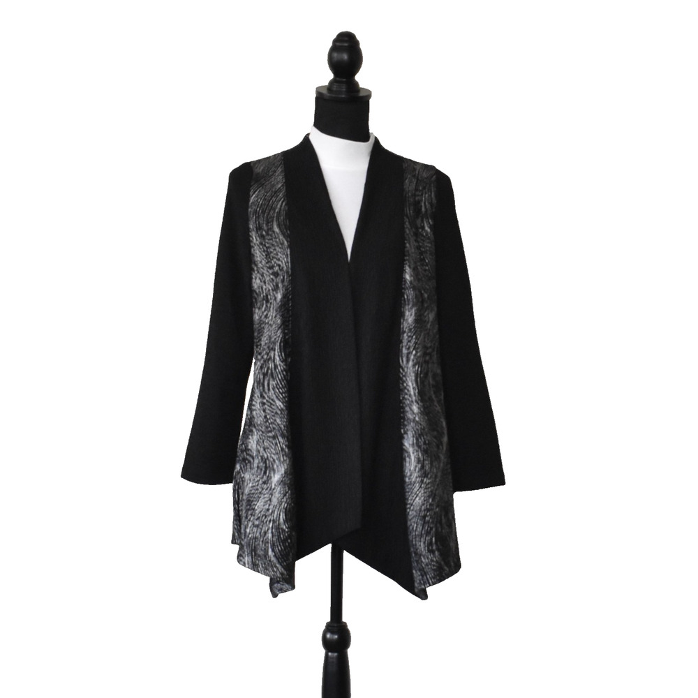 A4 NWT IC COLLECTION Black & Silver Metallic Wave Open Front Jacket Size S